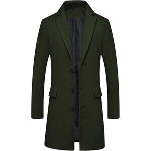 Men's Army Green Classic Wool Single Breasted  Long Wool Blend Trench Overcoat
